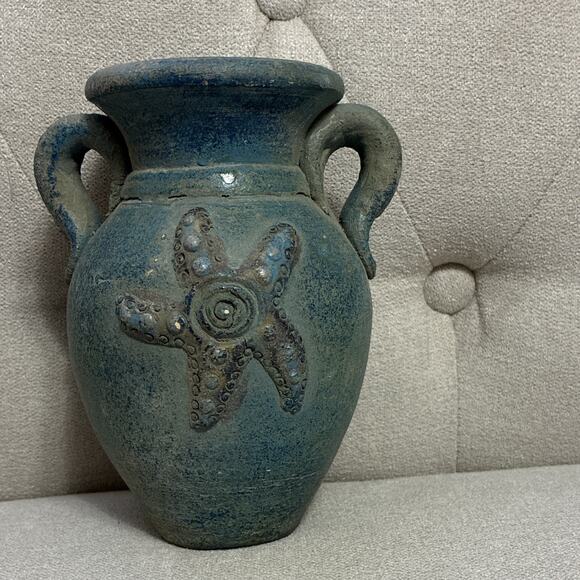 Unmarked Other - Coastal Ceramic Starfish Vase Blue Nautical Rustic Pottery 2 Handle Jar Mexico